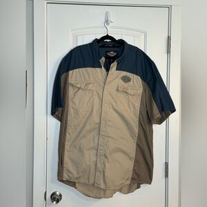 Harley-Davidson Blue and Tan Short Sleeve Button Down Shirt 100% Cotton Size 2XL